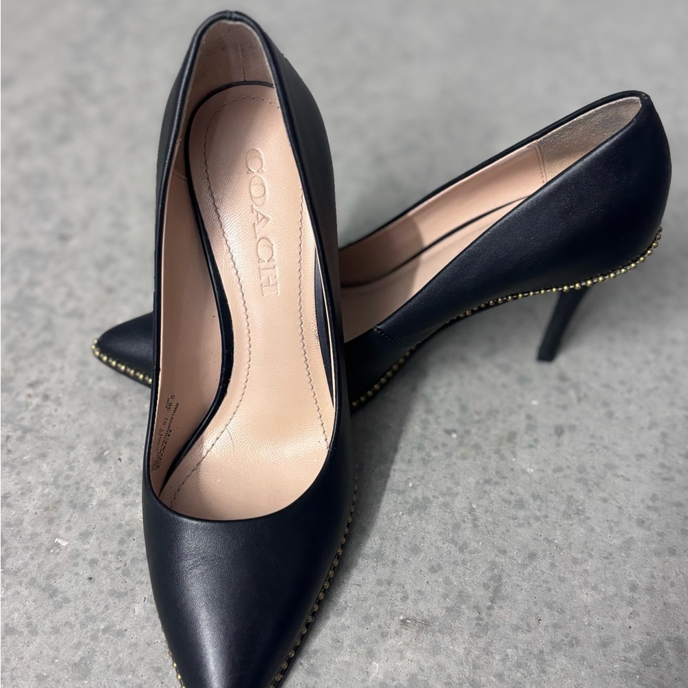 Coach Elegant Black Heels with Gold Accents - Picture 2 of 6